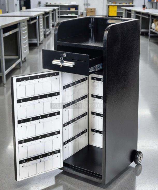 Pristine black server station cabinet with lockable drawer, numbered slots, and sturdy wheels. Fully tested and ready to use.