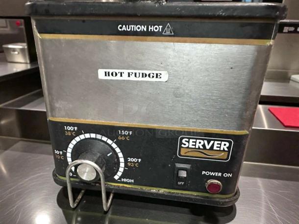 Server Products FSPW-SS hot fudge warmer, superior condition, 120V, fully tested, with temperature dial and "Hot Fudge" label.