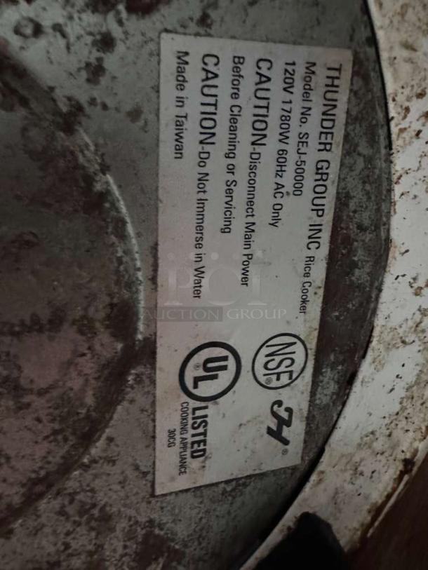 Thunder Group SEJ-5000 commercial rice cooker label, 120V, 1780W, NSF and UL listed, made in Taiwan, outstanding condition.