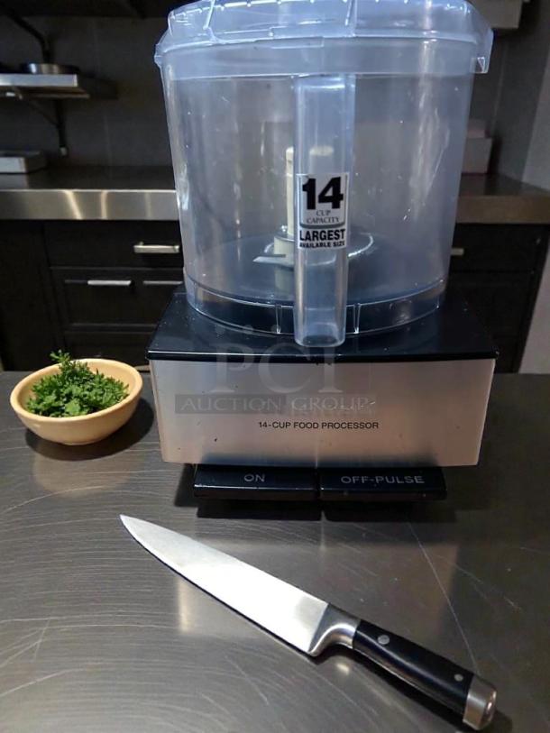 Cuisinart 14-Cup Food Processor, outstanding condition, 120V, fully tested. Features label indicating largest capacity size.