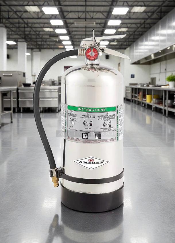 Amerex C260 wet chemical fire extinguisher in superb condition, inspected and ready for use. Clear instructions visible.