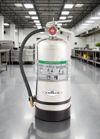 Amerex C260 wet chemical fire extinguisher in superb condition, inspected and ready for use. Clear instructions visible.