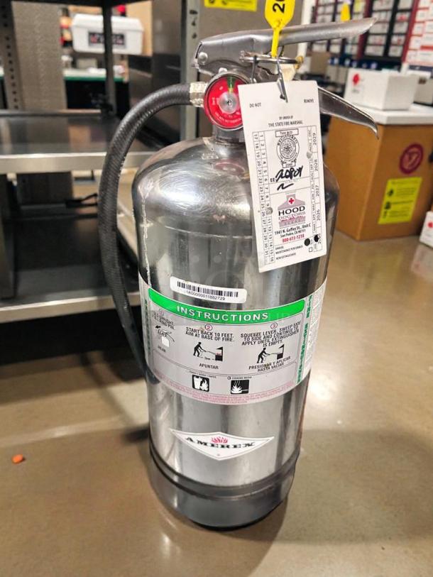 Amerex C260 commercial wet chemical fire extinguisher in superb condition, inspected, ready for use, with instruction label.