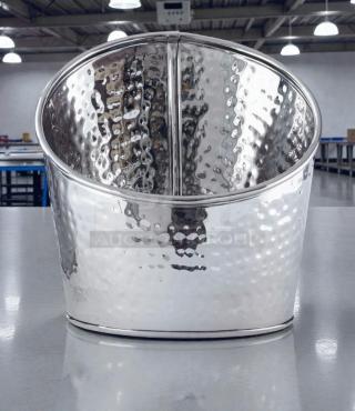 Pristine hammered stainless steel ice bucket, wine cooler. Fully cleaned, reflective surface, ready to use.