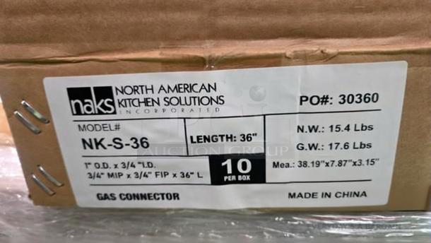 (x10) NAKS NK-S-36 Gas Connector, 36" length, brand new, model on box. Includes 10, PO# 30360, made in China.