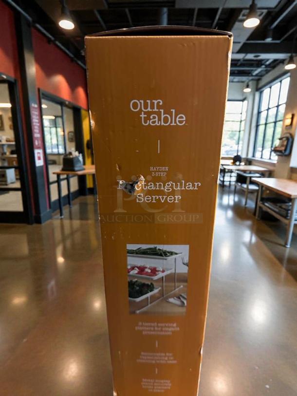 Our Table Hayden 3-Step Rectangular Server box, pristine condition, tabletop display image, buffet-ready.