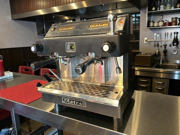 Outstanding condition Astra MEGA 2 commercial espresso machine, dual spout, tested and working, Astra branding visible.