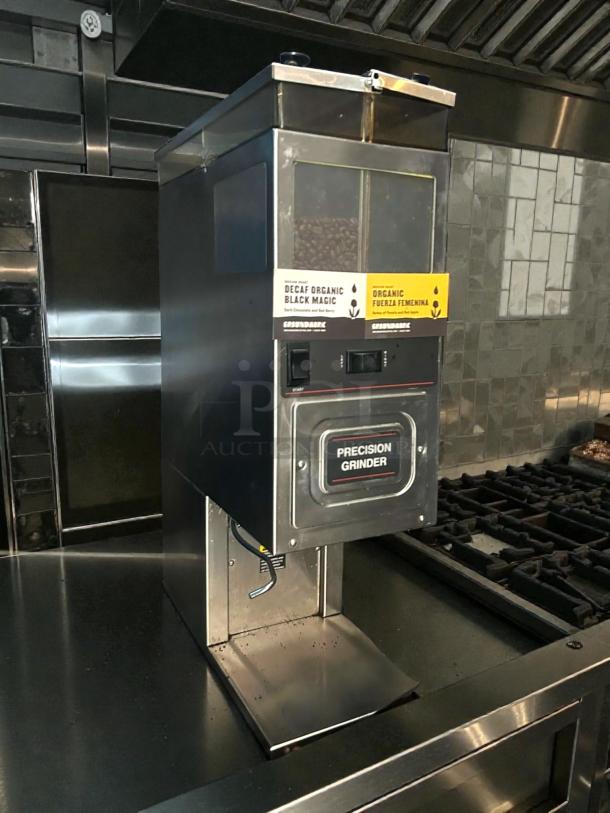 Bunn G9-2T HD coffee grinder, prime condition, tested, working, portion control, labels for organic coffee blending.