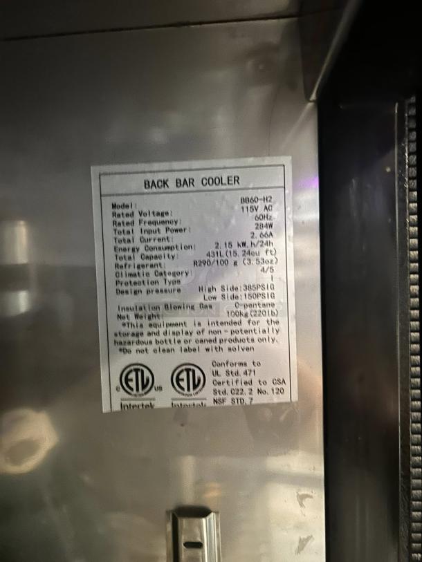 Pristine Migali BB60-N12, 2 glass door back bar refrigerator. ETL certified, 43L capacity, model details visible on label.
