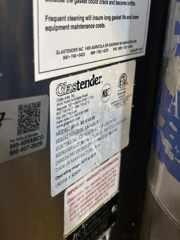 Glastender BB60-R1-SN(LR) back bar cooler label details; includes model, serial number, electrical, refrigerant specs.