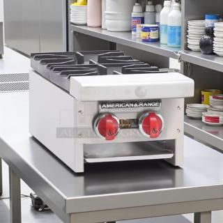 American Range ARSHP-12-2 12" gas hot plate with 2 burners, pristine condition, red knobs, fully tested and working.