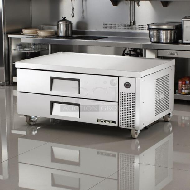 True Refrigeration TRCB-52 refrigerated chef base, 52" wide, excellent condition, fully tested, visible True logo, on casters.