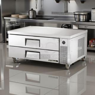 True Refrigeration TRCB-52 refrigerated chef base, 52" wide, excellent condition, fully tested, visible True logo, on casters.