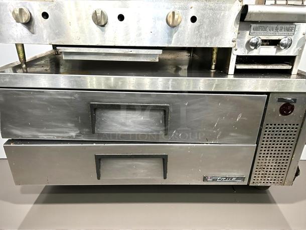 True Refrigeration TRCB-52 refrigerated chef base, 52-inch width, stainless steel, two drawers, tested, refined condition.