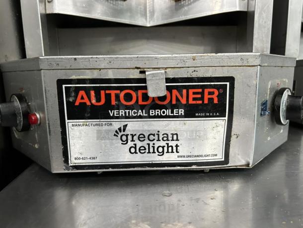 Optimal Automatics 3PG Autodoner Vertical Broiler, 65 lb. capacity, gas-powered, excellent condition, fully tested, Grecian Delight label.