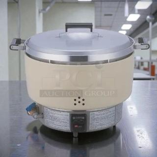 Rinnai RER-55AS-N commercial gas rice cooker in superb condition, fully tested, with control panel and visible label, on metal surface.