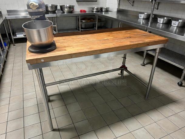 John Boos HNB09 work table, 60"x30" hard rock maple top, 1.75" thick, metal legs, excellent condition, kitchen setting.