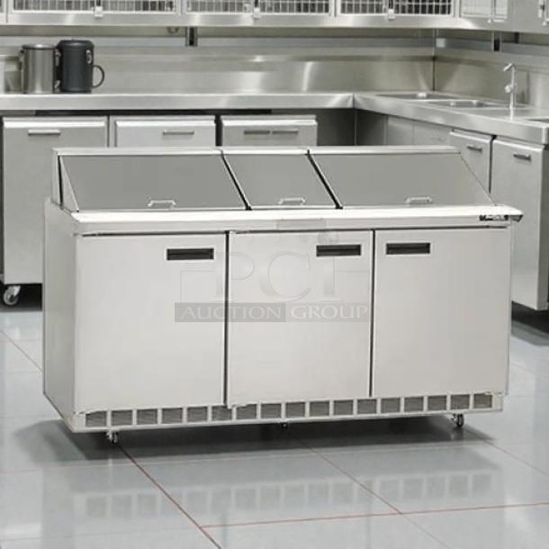Delfield 4472NP-30M 72" refrigerated sandwich prep cooler in exceptional condition, featuring mega top design with stainless steel finish.