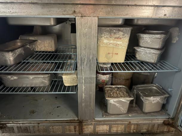 Delfield 4472NP-30M 72" Mega Top Refrigerated Sandwich Prep Cooler, excellent condition, tested, visible storage setup.