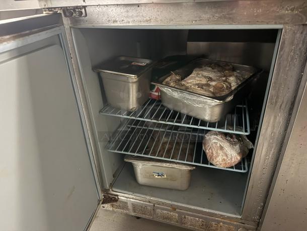 Delfield 4472NP-30M 72" Mega Top Sandwich Prep Cooler, exceptional condition, tested and working. Interior shelves, trays, visible.