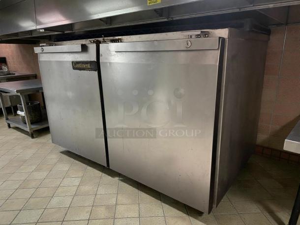 Continental UC48 undercounter refrigerator, 48", tested & working, stainless steel, dual doors, branding visible, refined condition.