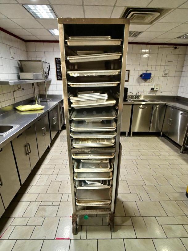 GSW USA ASR-1915 stainless steel sheet pan rack in outstanding condition, with multiple pans, tested and ready for use.
