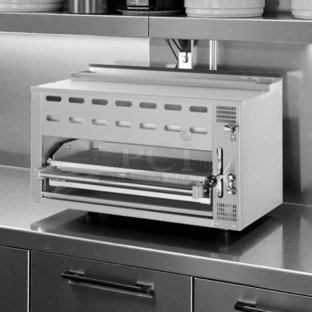 Montague SB36-C heavy-duty gas salamander broiler in premium condition, tested and working, with adjustable grill rack.