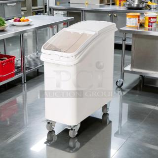 Winco IB-21 ingredient bin, 21-gallon, white, clear lid, on wheels, excellent condition, tested and working, from DWL Industries.