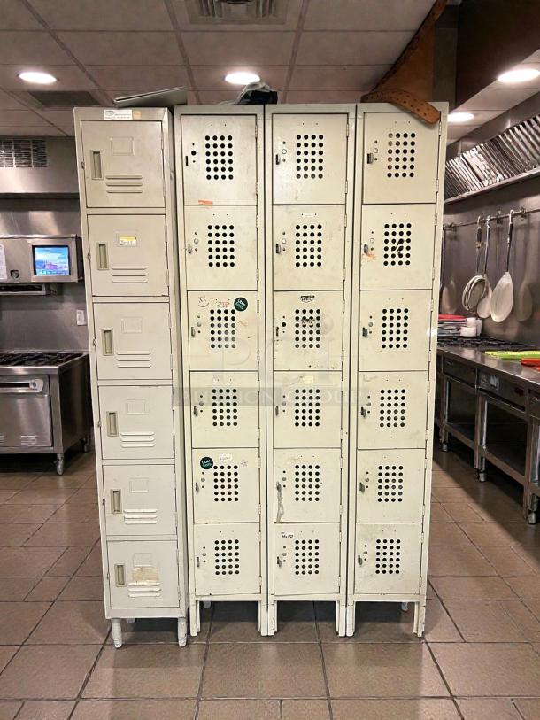 GSW USA EL-6DR beige 6-tier employee locker, 12" wide, powder-coated, in refined condition with visible locker tags.