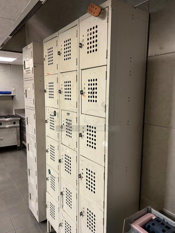GSW USA EL-6DR 12" wide 6-tier beige locker, powder-coated, refined condition, clean, ready for use, visible ventilation holes.