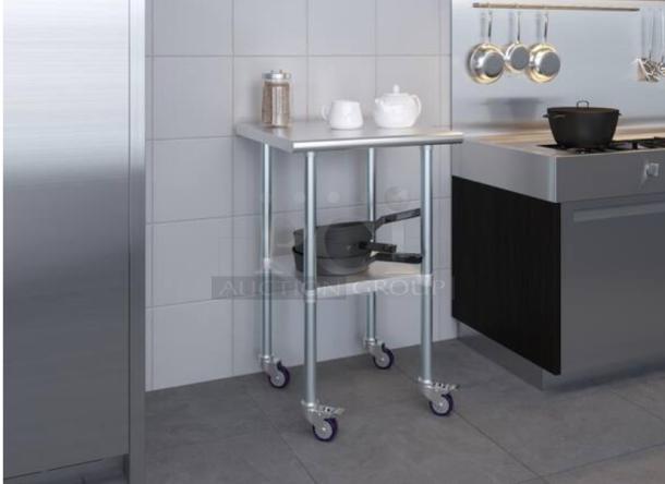 Omniteam 24” stainless steel work table with casters in immaculate condition, smooth rolling, tested and ready for use.