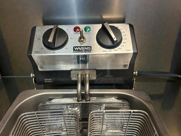 Waring WDF75RC commercial deep fryer, 8.5 lb capacity, tested and working, 120V. Features timer, temperature dials, NSF certified.