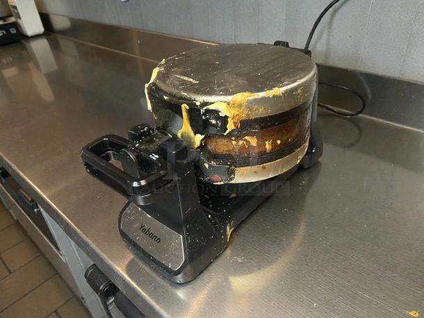 Yabano SW-2090B Belgian waffle maker, double rotating iron, tested and working, visible batter residue.