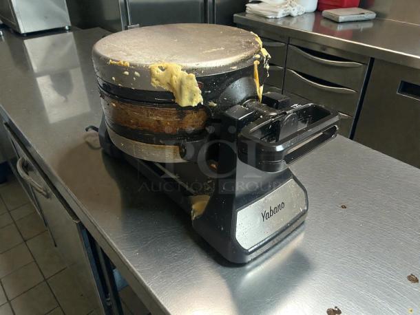Yabano SW-2090B Belgian waffle maker, double rotating iron, tested and working, with batter residue, kitchen setting.