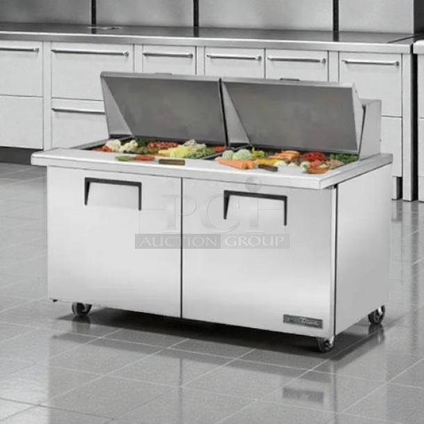 True TSSU-60-24M-B-ST-HC refrigerated 24-pan mega top sandwich prep table in premium condition, with dual lids and stainless steel finish.