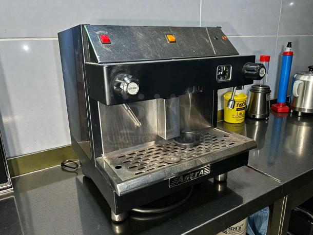 Astra Mega I M1-011-1 automatic commercial espresso machine, exceptional condition, fully tested, 110V, stainless steel exterior.