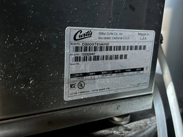 Curtis D500GT63A000 automatic airpot coffee brewer, digital controls, 120/220V, tested, label with model and serial number.