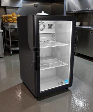 IDW GCG-7 countertop glass door cooler in premium condition. Features include 115V power, two adjustable shelves, and a clear IDW logo. Fully tested and working.