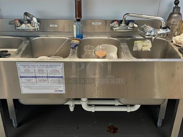 Krowne 18-84C 4-compartment underbar sink with dual 24" drainboards. Superior condition, labeled, tested, working.