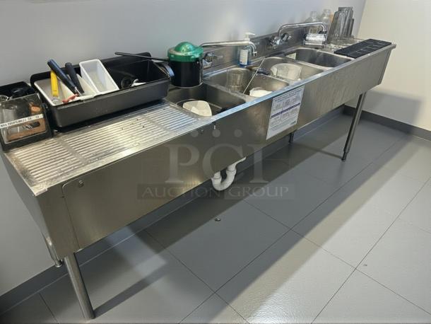 Krowne 18-84C underbar sink, 4 compartments, two 24" drainboards, stainless steel, excellent condition, tested working.