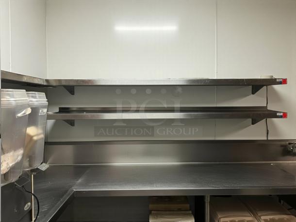 Immaculate Omniteam 8x8 ft. stainless steel L-shaped corner wall shelves, tested, ready for use, pristine condition.