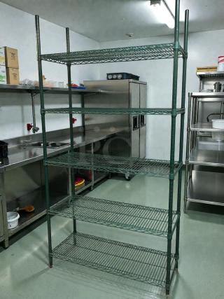 Commercial green epoxy wire shelving by Titan, 47.5"x18", ideal for wet environments, prime condition, tested and ready.