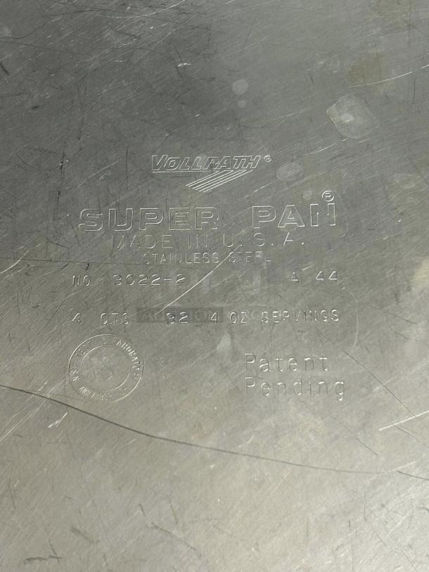 Vollrath 30222 Super Pan V® half-size steam pan in pristine condition, stainless steel, made in USA, patent pending marking.