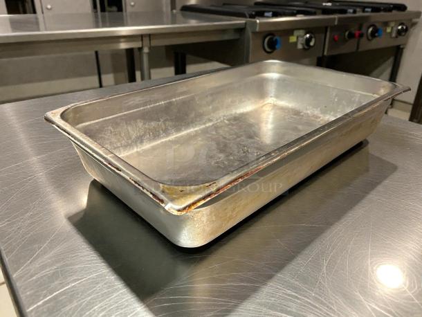 Vollrath 30042 Super Pan V® stainless steel hotel pan, 4" deep, pristine condition, tested, shown on stainless steel surface.
