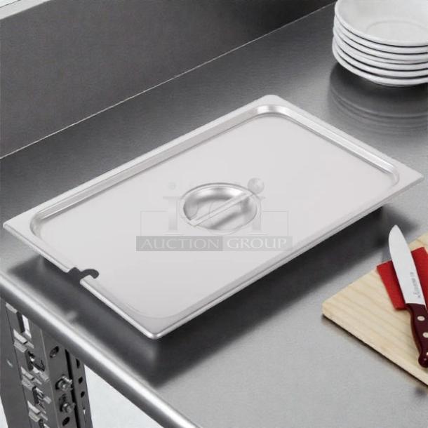 Choice stainless steel slotted steam table pan cover, full size, refined condition, inspected, for hotel use.