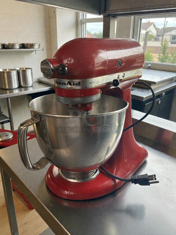 KitchenAid® Artisan Stand Mixer, 5 Qt, red, pristine condition, tested and working, visible logo and model marking.