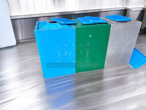 Commercial-grade outdoor trash containers, heavy-duty plastic, blue and green, immaculate condition, fully functional.