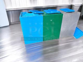 Commercial-grade outdoor trash containers, heavy-duty plastic, blue and green, immaculate condition, fully functional.