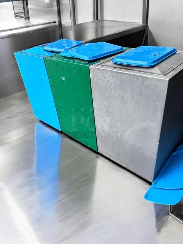 Commercial-grade outdoor trash containers in immaculate condition, blue and green heavy-duty plastic, fully functional.