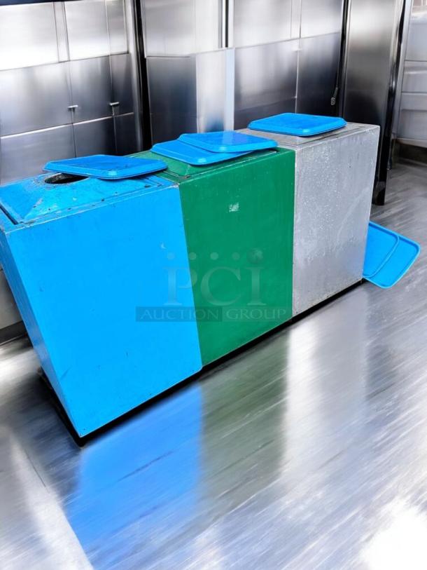 Commercial outdoor trash containers, heavy-duty plastic, immaculate condition, vibrant blue and green sections, fully functional.